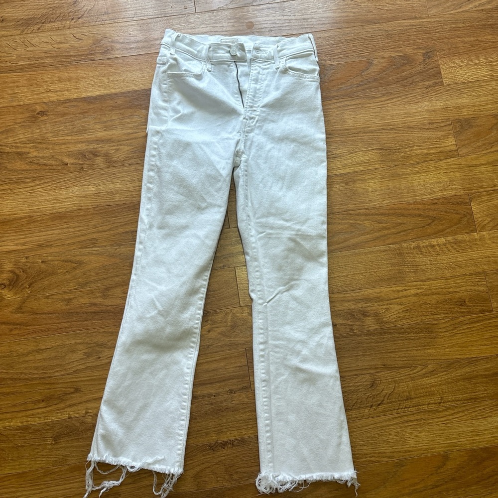 MOTHER White Flare Wide Leg Jeans with Frayed Hem